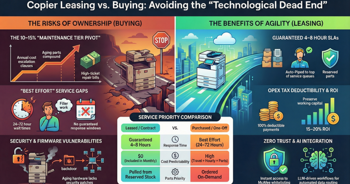 Infographic for Bakersfield businesses comparing copier ownership risks like 24-72 hour service gaps versus leasing benefits like guaranteed 4-8 hour SLAs.