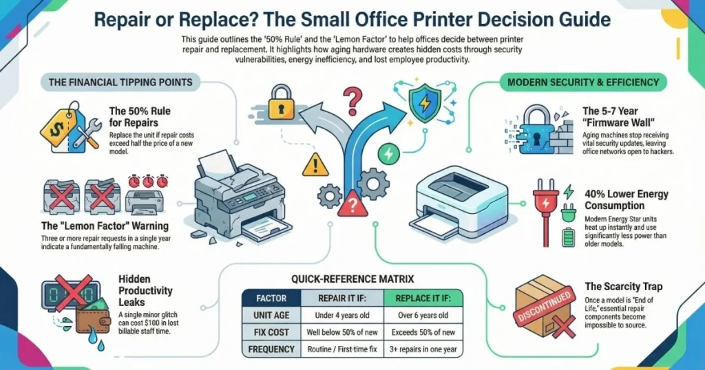 A financial tipping point matrix for Printer Repair in Bakersfield businesses, highlighting the scarcity trap and firmware security barriers.