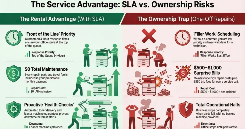 Comparison chart for Bakersfield offices showing rental benefits like guaranteed 4-hour response times versus ownership risks like $1,000 surprise repair bills.