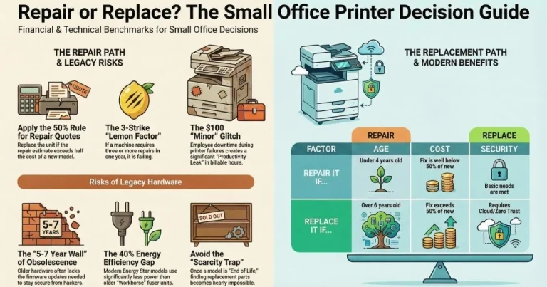 Visual guide for Bakersfield offices deciding on Printer Repair, featuring the 50% rule, 3-strike lemon factor, and legacy hardware risks.