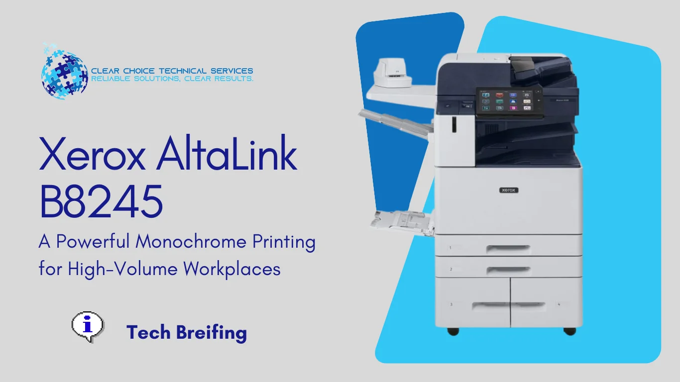 Xerox AltaLink B8245 black-and-white multifunction printer with high-capacity tandem tray and touchscreen at 6901 District Boulevard, Bakersfield, CA.
