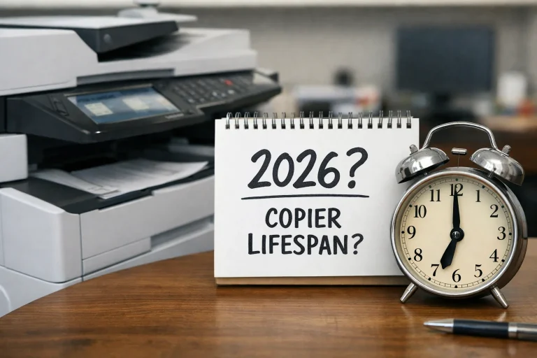 A desktop calendar and alarm clock next to an office copier questioning the average machine lifespan for Bakersfield businesses in 2026.
