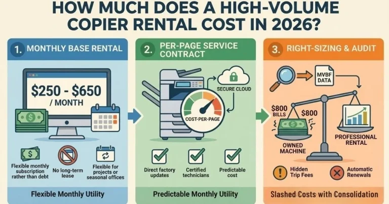 Infographic showing a Bakersfield Copier Rental Cost between $250 and $650 per month , featuring flexible monthly subscriptions rather than debt.