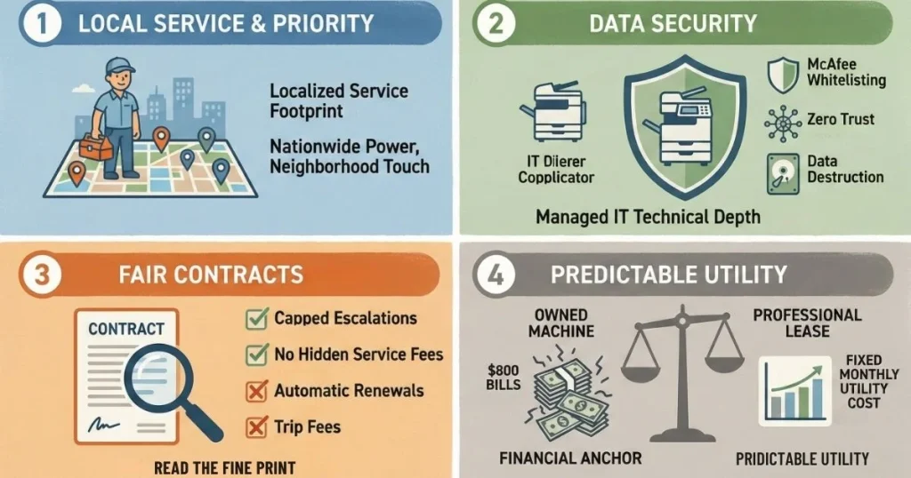 Four-step guide to a Reliable Copier Lease in Bakersfield, covering local service footprints, Data Security, Fair Contracts, and Predictable Utility.