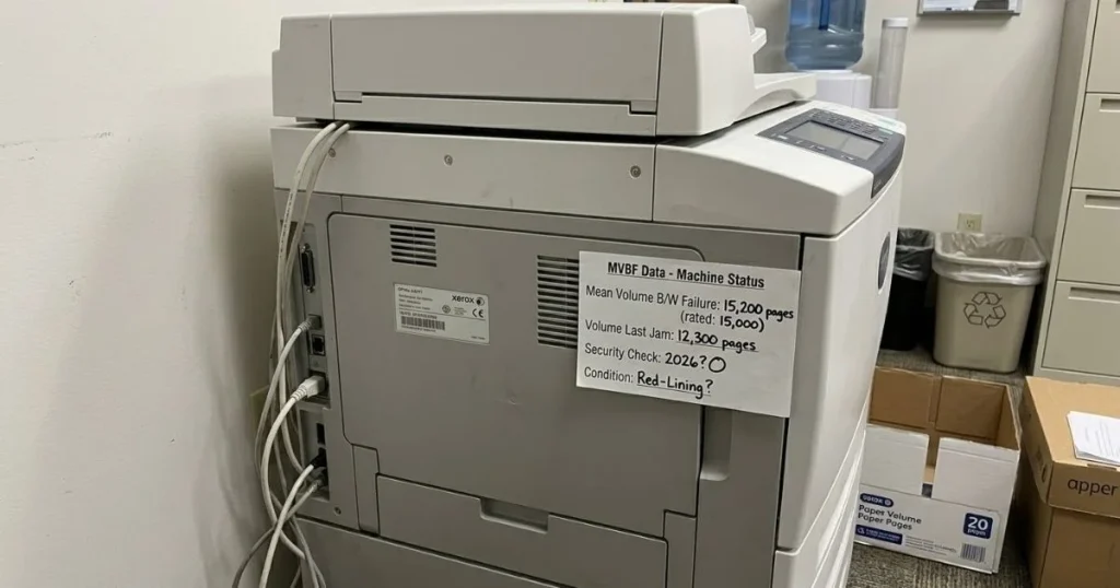 Back view of an office copier featuring a machine status sign displaying MVBF data of 15,200 pages to monitor hardware health.