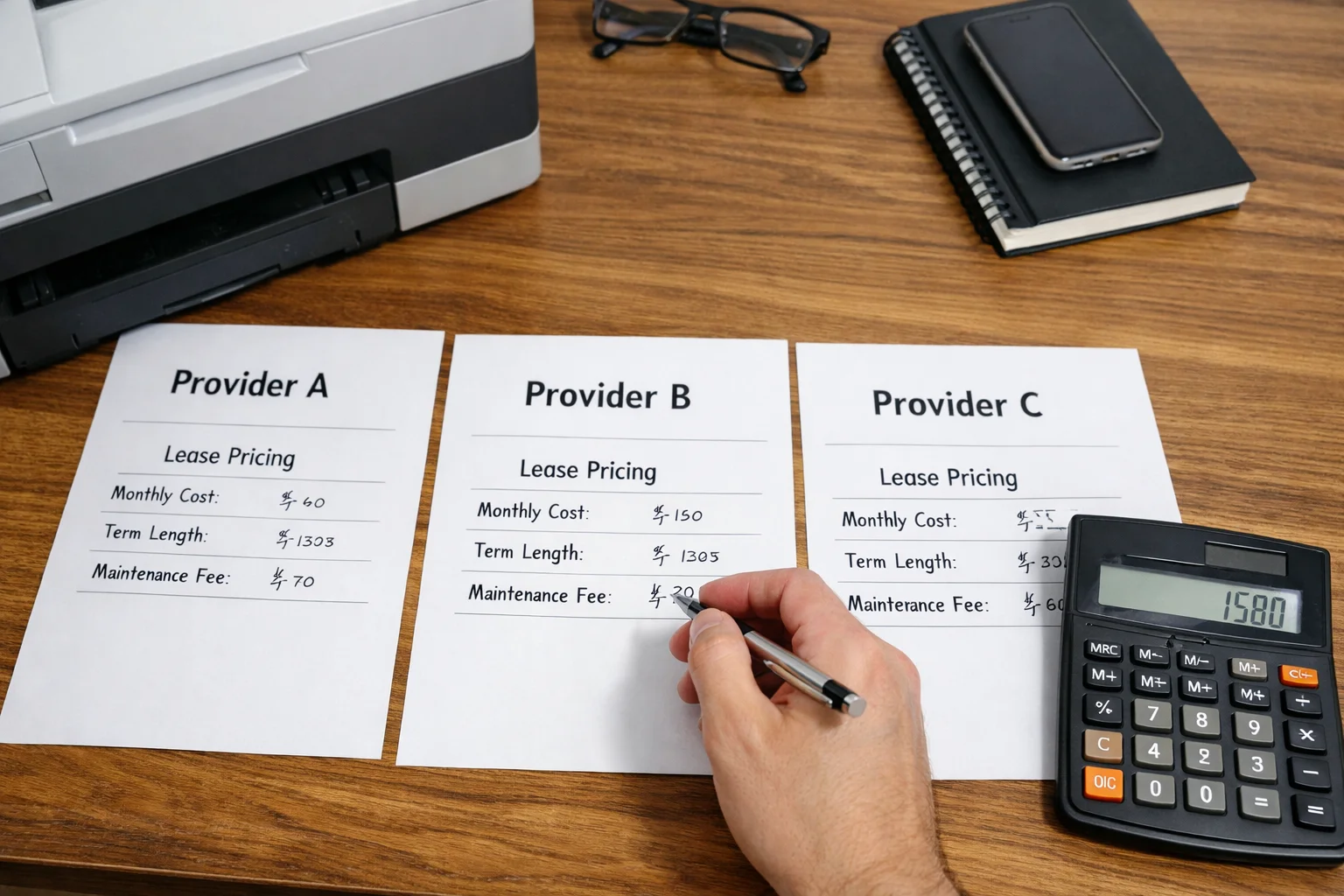 A professional in Bakersfield comparing copier lease pricing quotes from three different providers including monthly costs and maintenance fees.