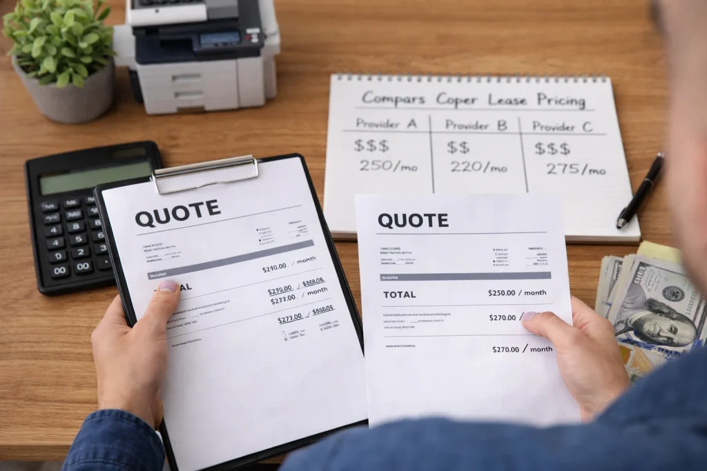 Close-up of an office manager at 6901 District Boulevard reviewing copier lease pricing quote papers and cash for office equipment.