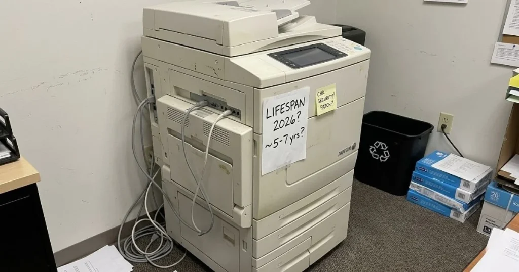 An older Xerox copier in a Bakersfield office corner with a handwritten note regarding its 2026 lifespan and security patch requirements.