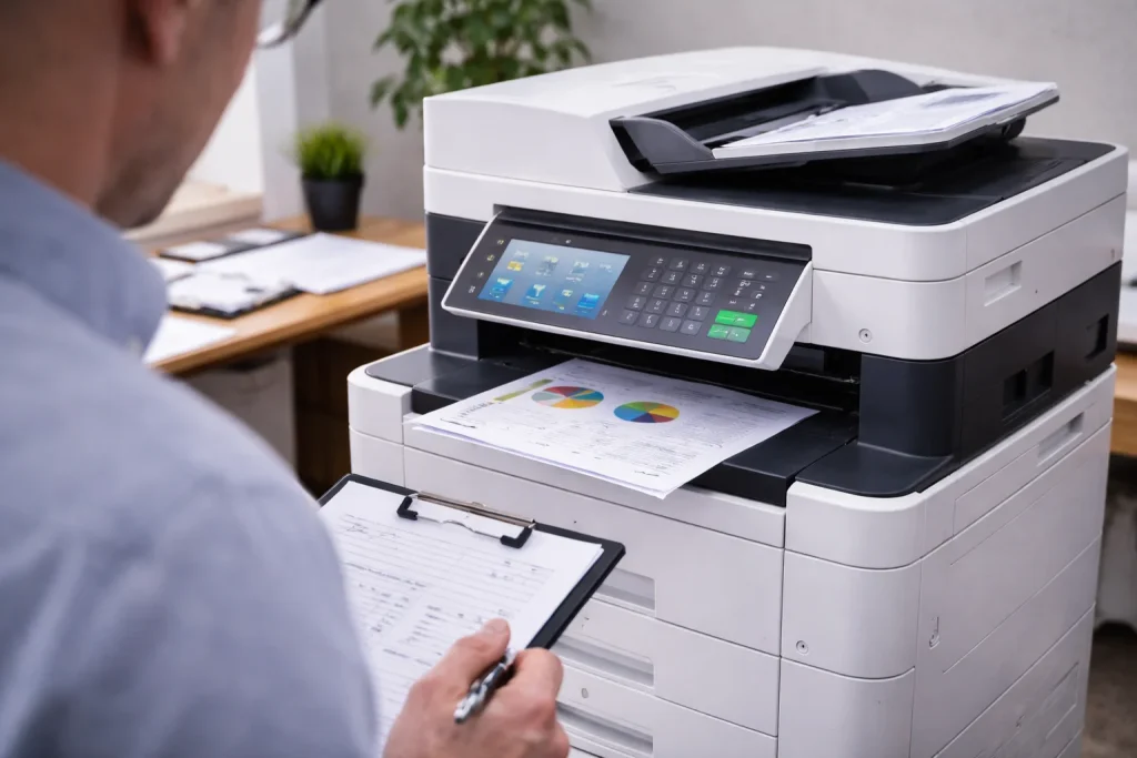 An office worker at 6901 District Boulevard reviewing high-quality color charts from enterprise-grade multifunction copiers.