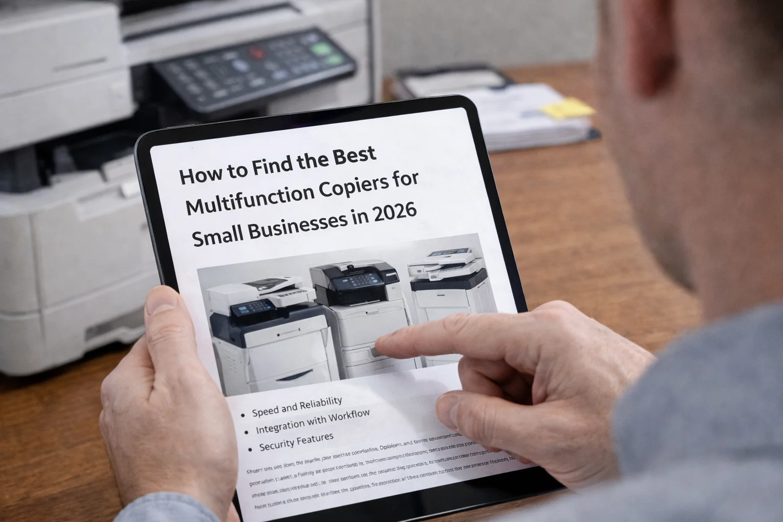 A business professional in Bakersfield using a tablet to configure multifunction copiers for cloud scanning and remote printing.