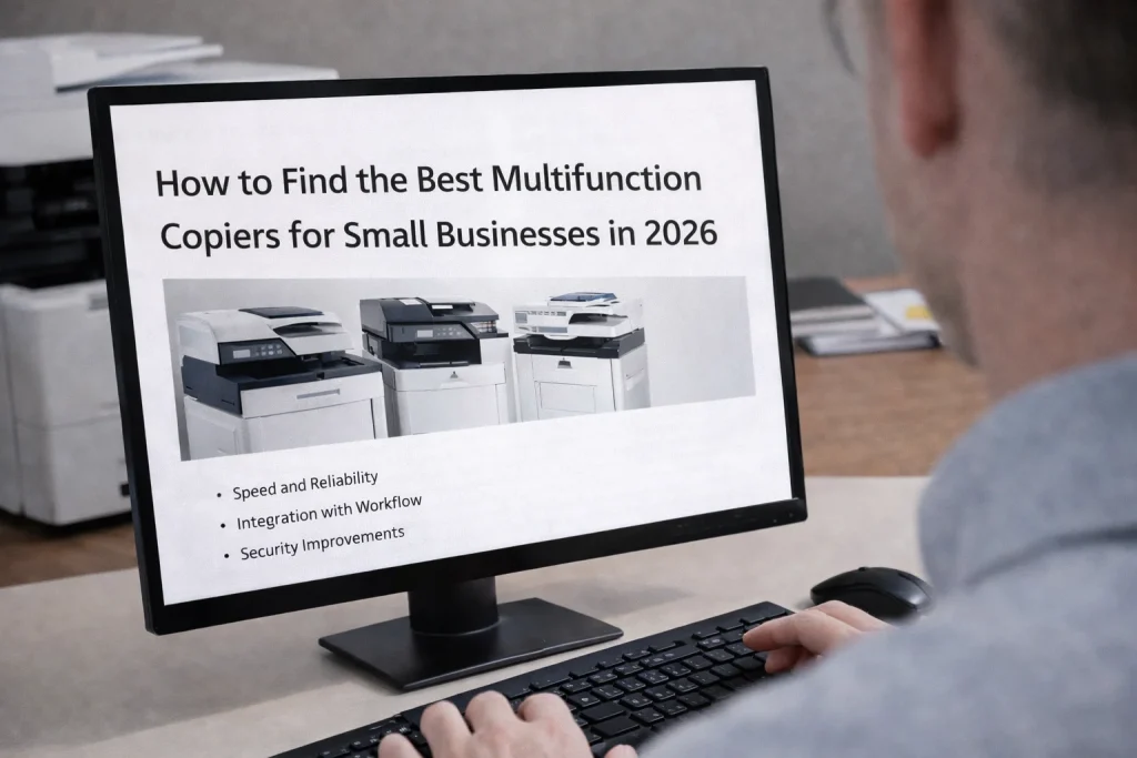 A desktop monitor in Bakersfield displaying a guide for finding the best multifunction copiers for growing teams.