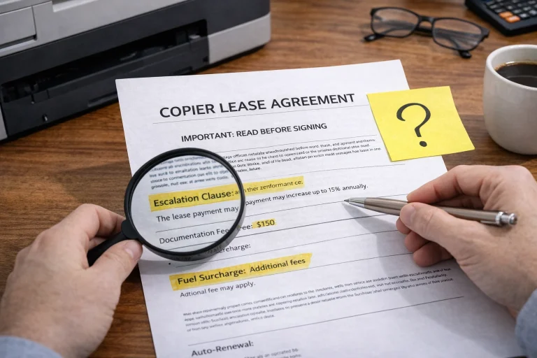 A business owner using a magnifying glass to inspect the fine print of Bakersfield Copier Lease Agreements.