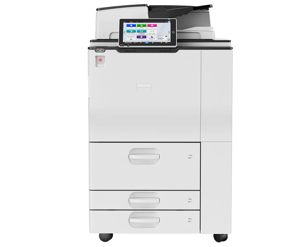 A high-capacity Ricoh multi-function printer receiving professional on-site diagnostic and repair services in a Bakersfield business office.